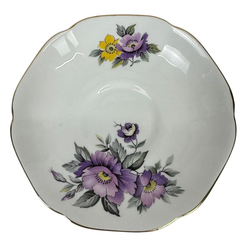 VTG Royal Grafton Tea Cup Saucer Purple Floral Scalloped Bone China England Gold